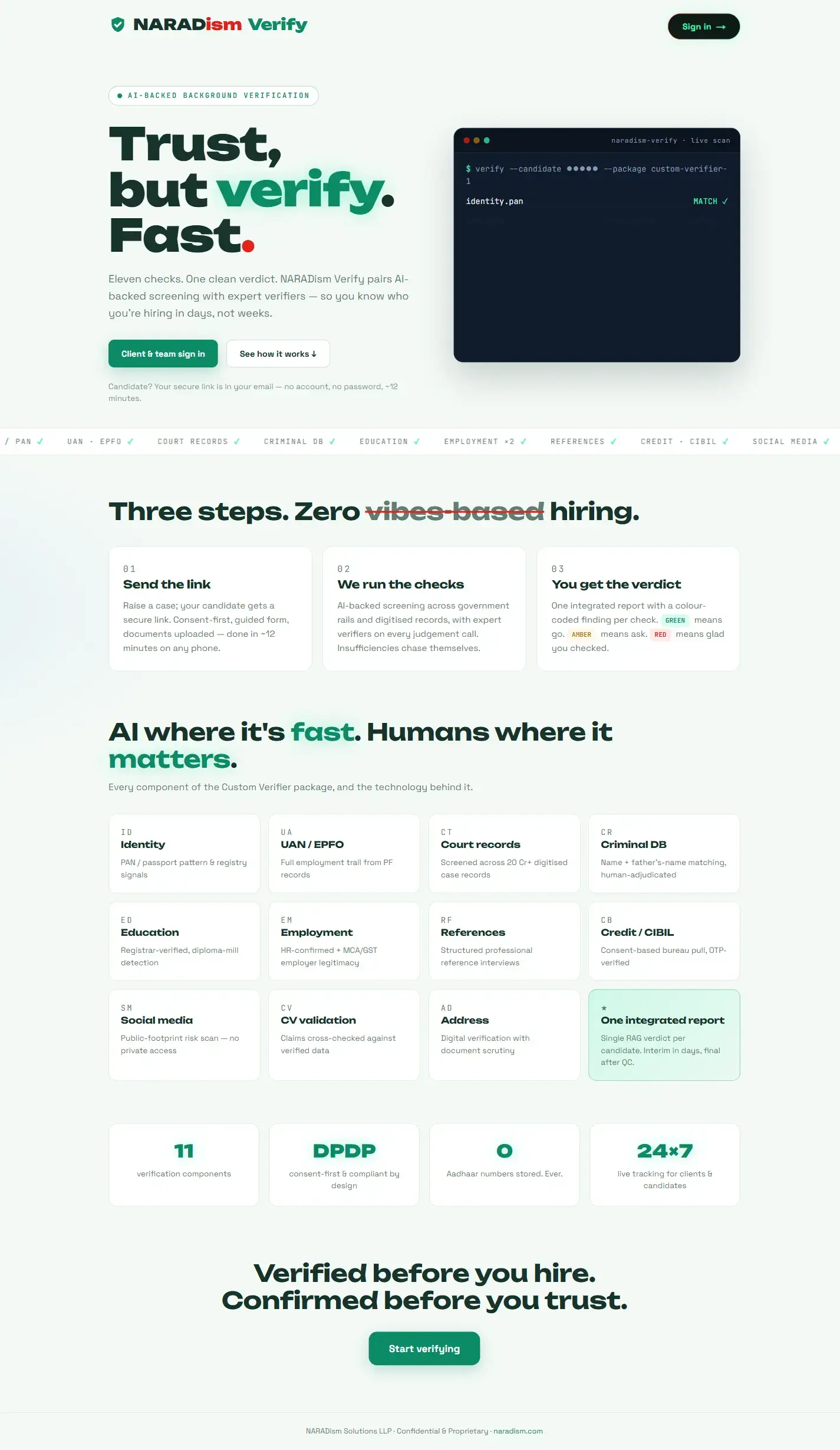 Naradism Verify — full desktop page